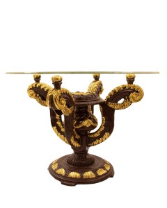 Tραπέζι Σαλονιού Μπαρόκ με λούστρο φύλλο χρυσού και στρογγυλό τζάμι στην επιφάνεια RIS-3577